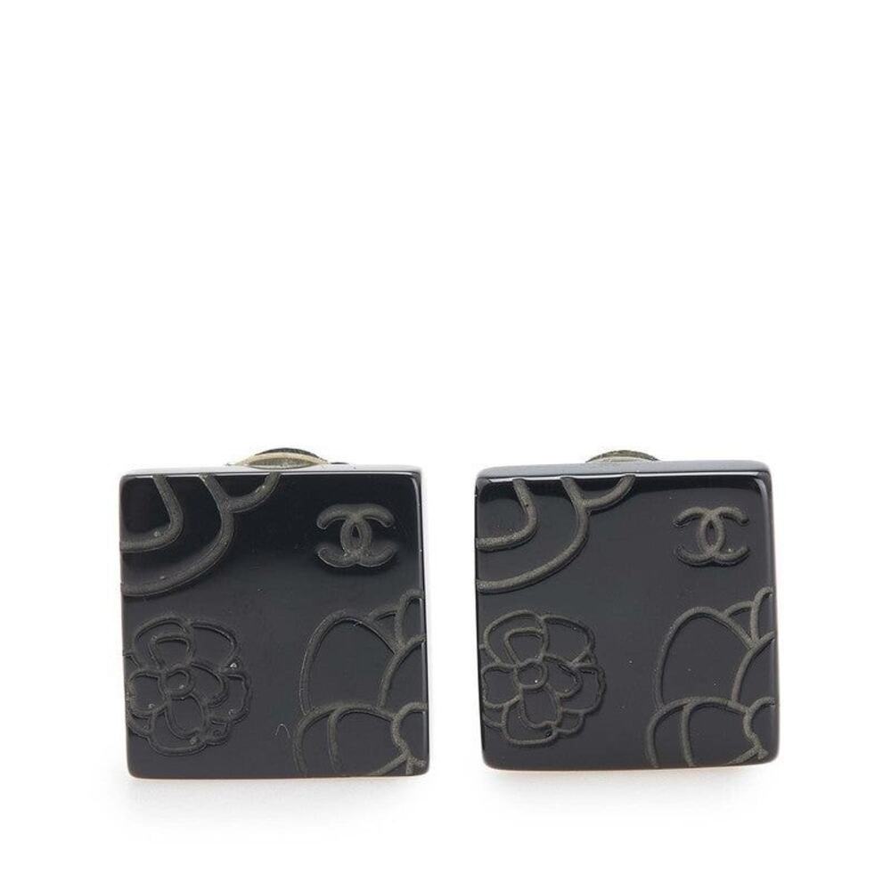 Chanel CC Logo Camellia Square Metal Earrings Black